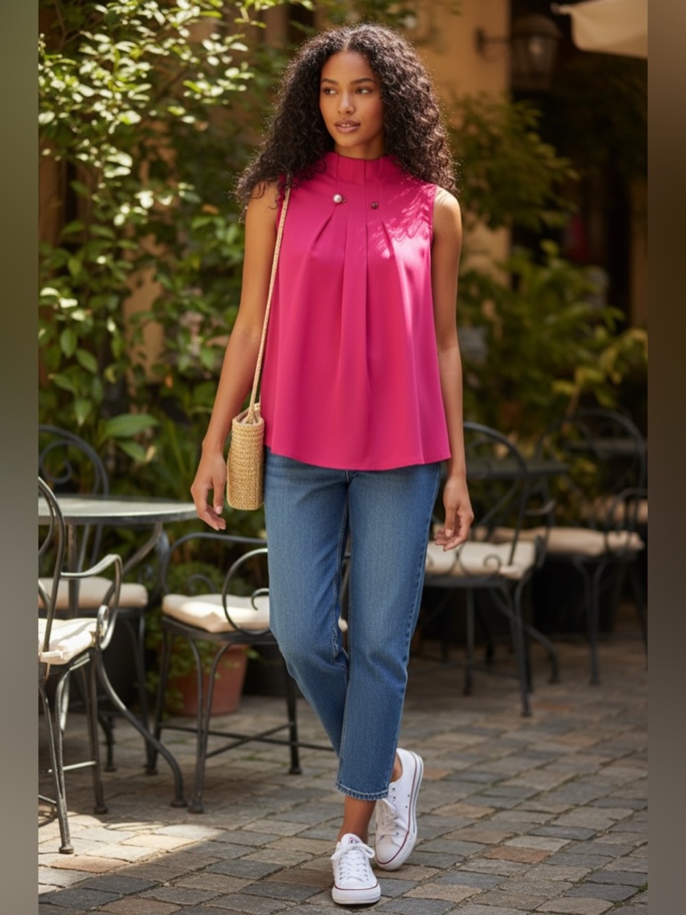 Athena Marie Hot Pink
Sleeveless Pleated High Neck
Top with Pearl Detail
